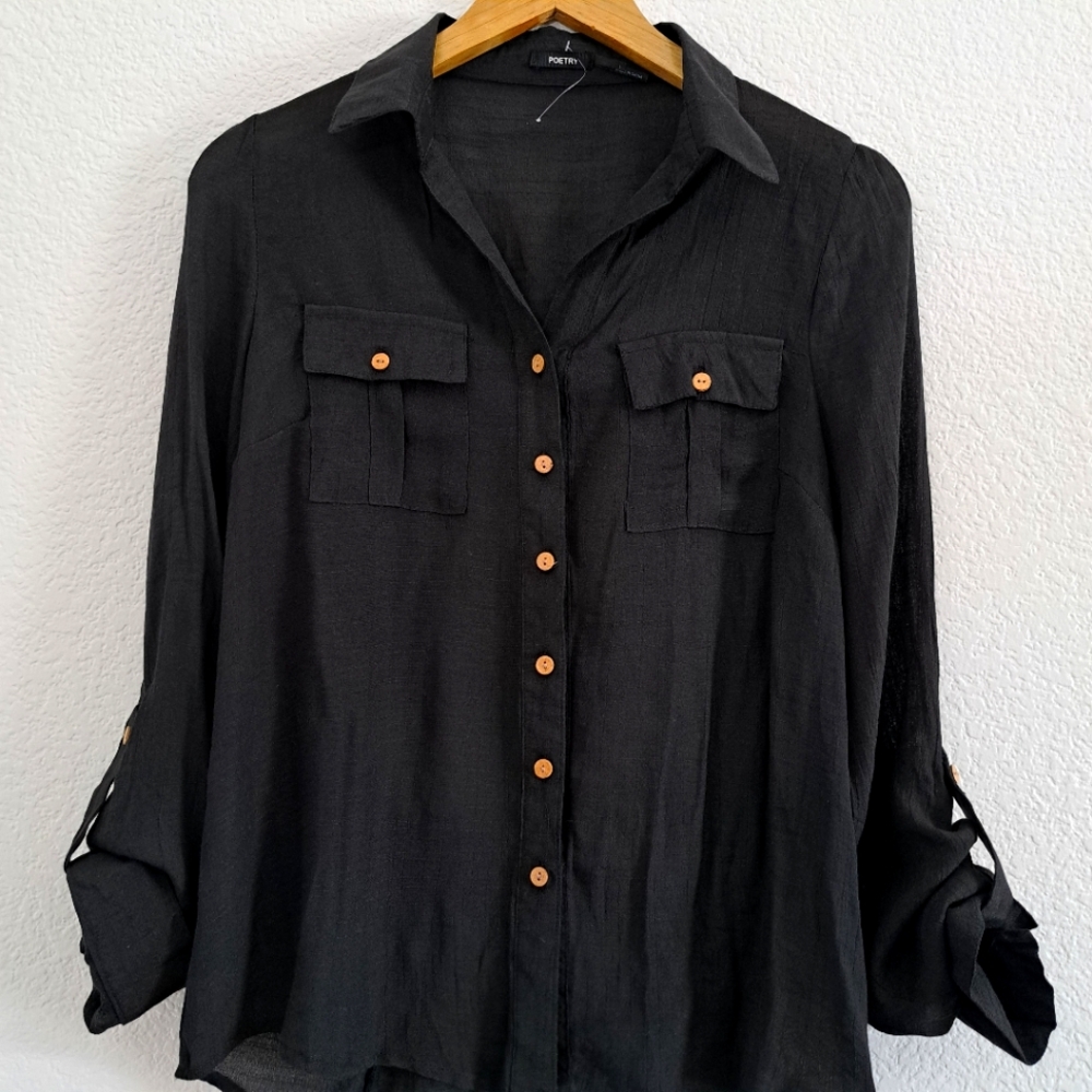 Poetry Women's Long Sleeve Black Rayon Botton Up Size L